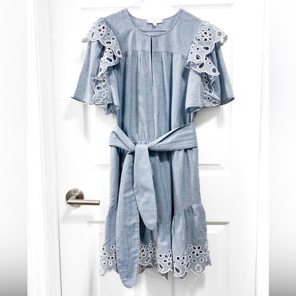 NWOT - Joie Cotton Eyelet Trim Mini Dress in Vintage Chambray - Picture 4 of 6